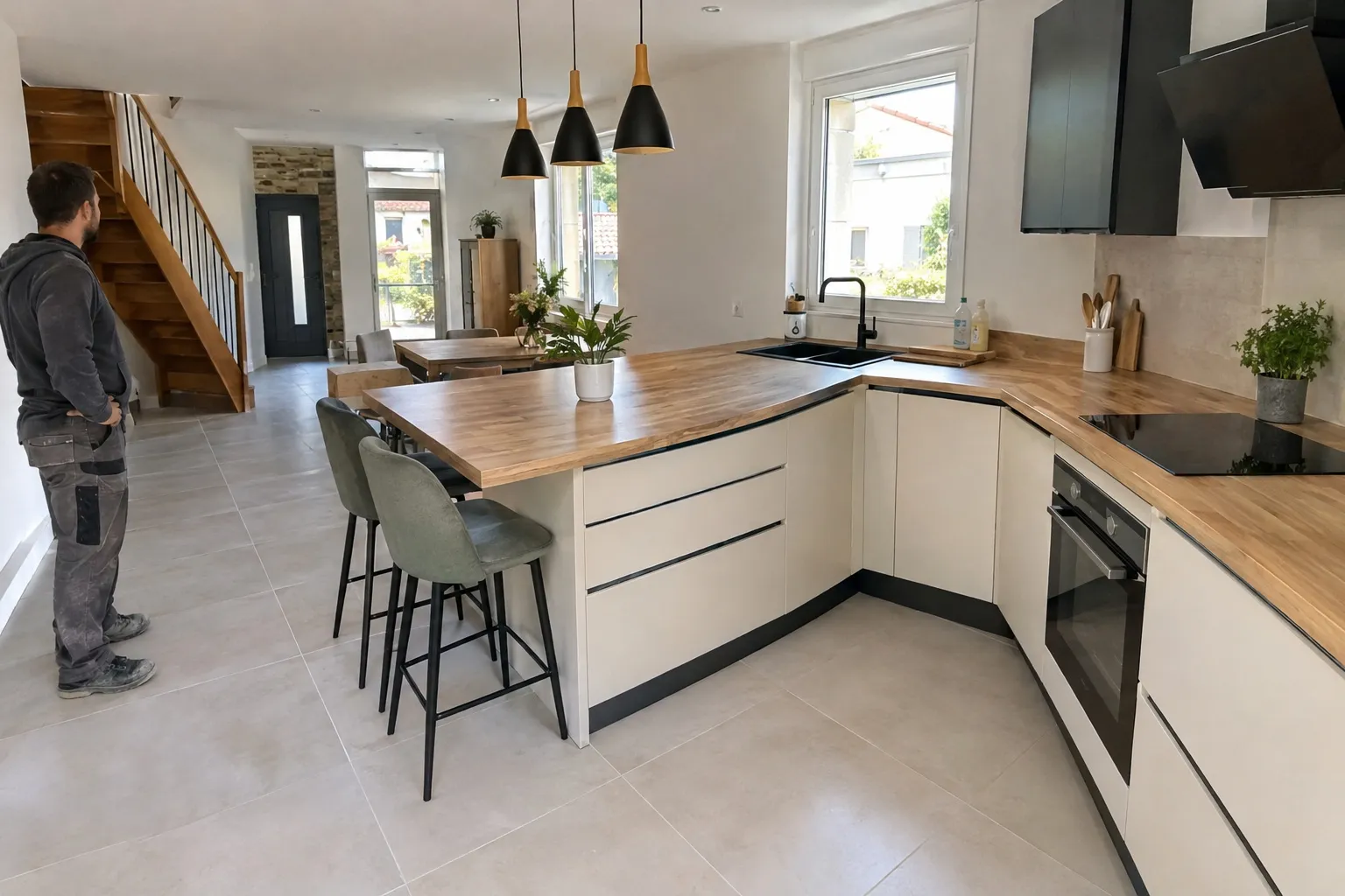 Cuisine ouverte rénovée dans une maison de ville, carrelage clair et plan de travail en bois.