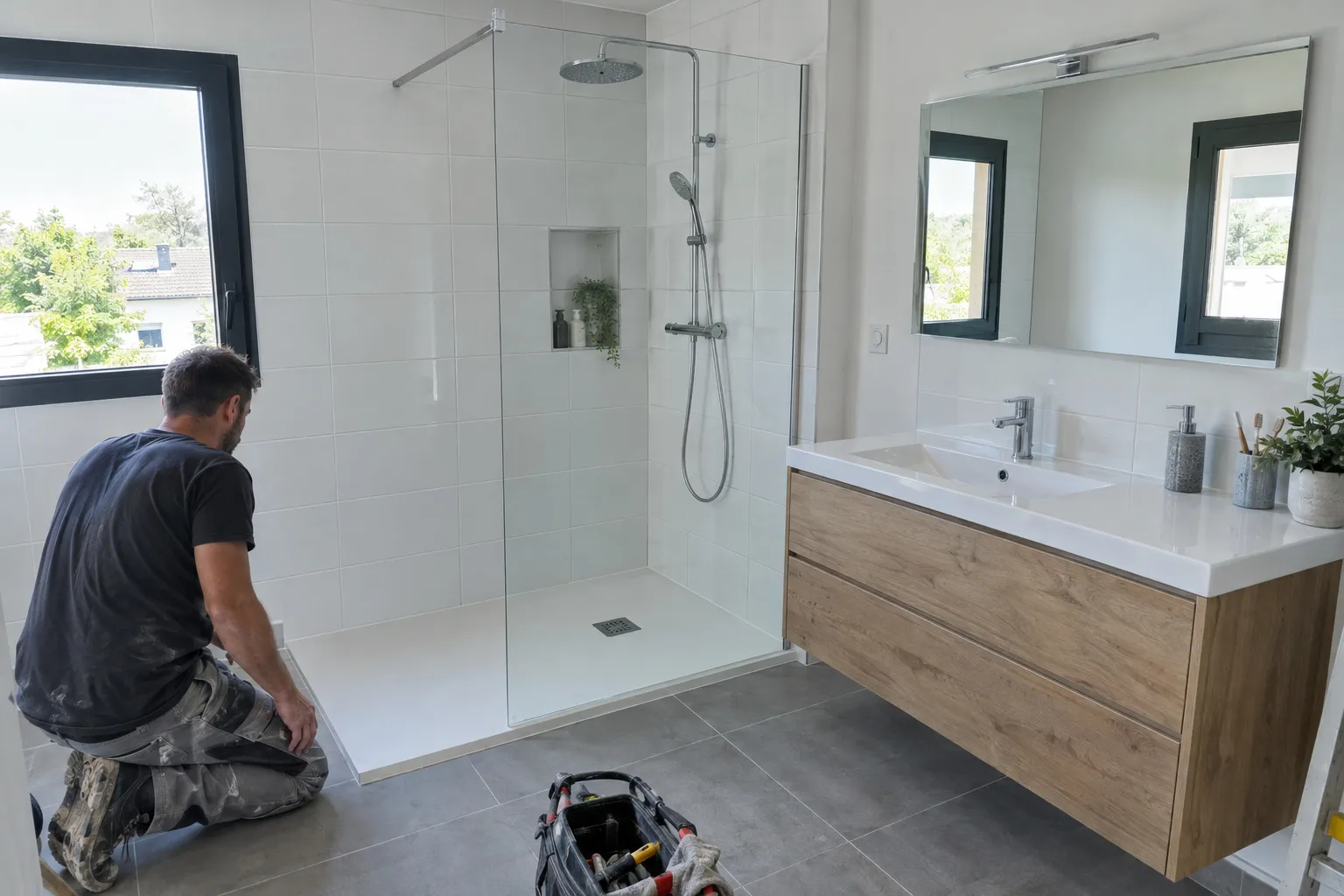 Salle de bain terminée avec douche à l'italienne et faïence blanche.